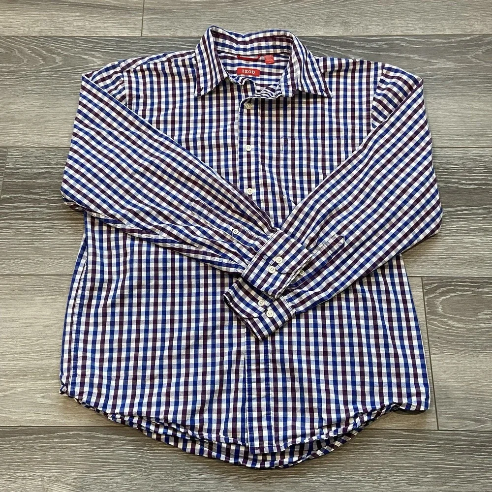 Izod Long Sleeve Plaid Shirt Mens M Blue Purple Cotton Button Down Multicolor
